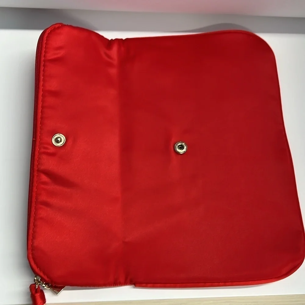 Giorgio Armani Red Satin Foldover Snap Zip Large Wristlet Clutch Bag - New